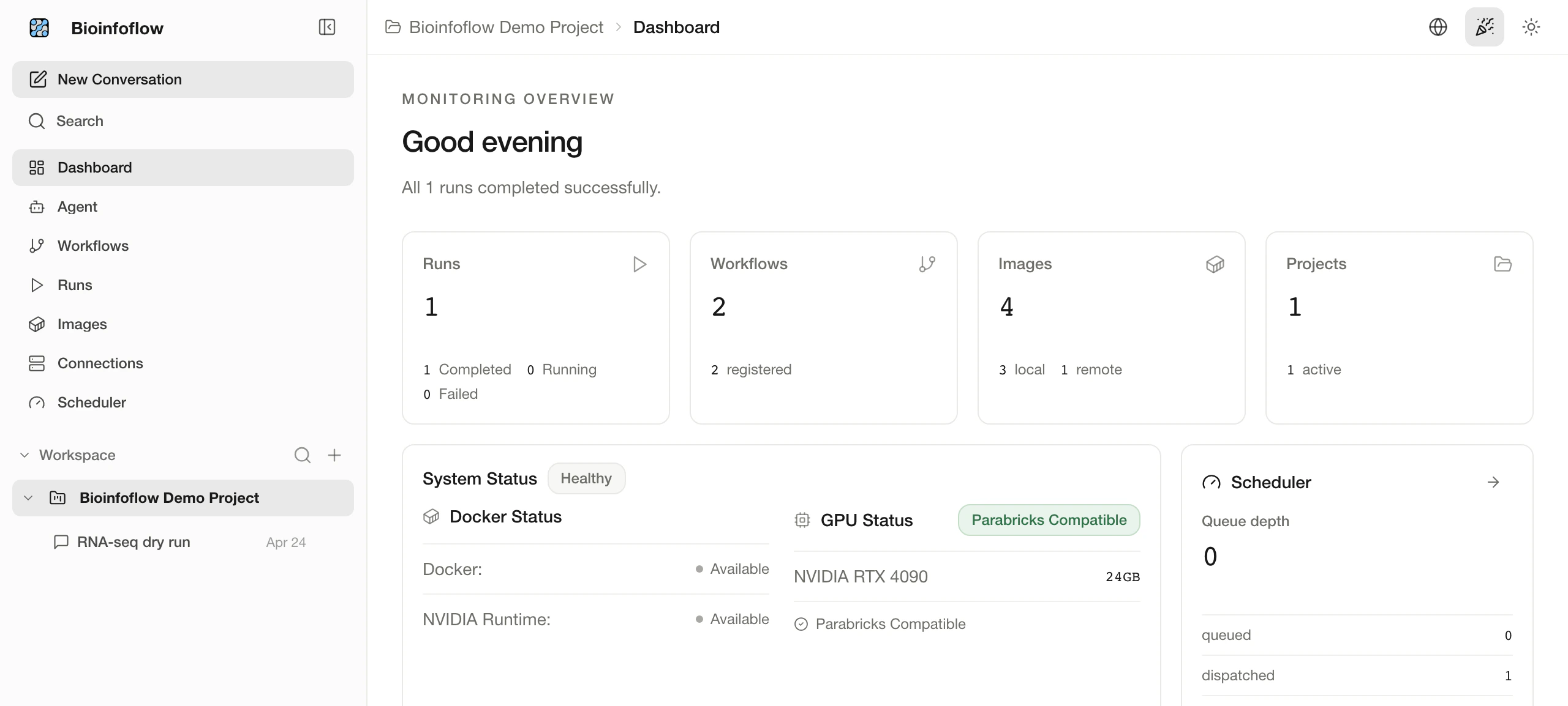 Bioinfoflow dashboard showing system readiness and recent workflow activity