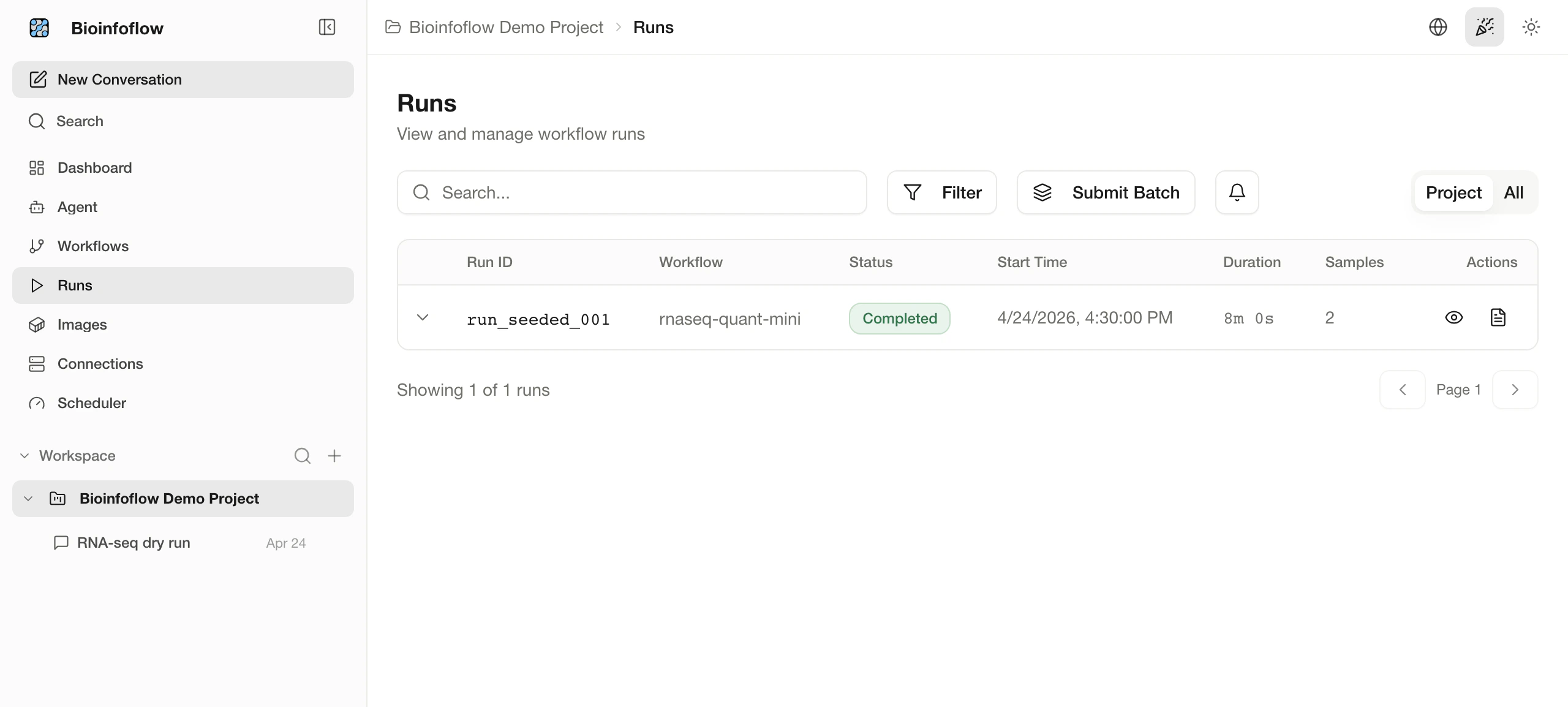 Bioinfoflow runs view showing workflow status and execution history